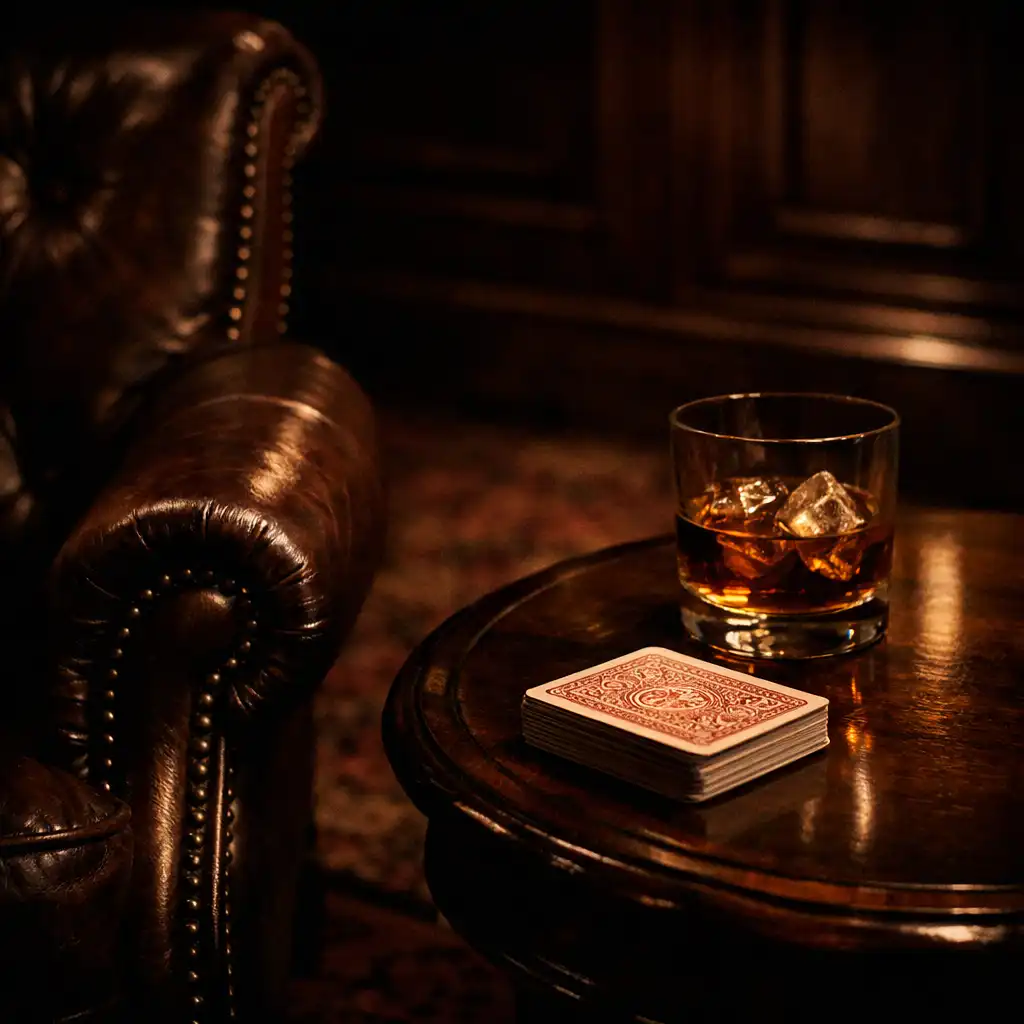 A kártyaszoba egyik sarka bőr karosszékkel, whiskyvel és kártyapaklival