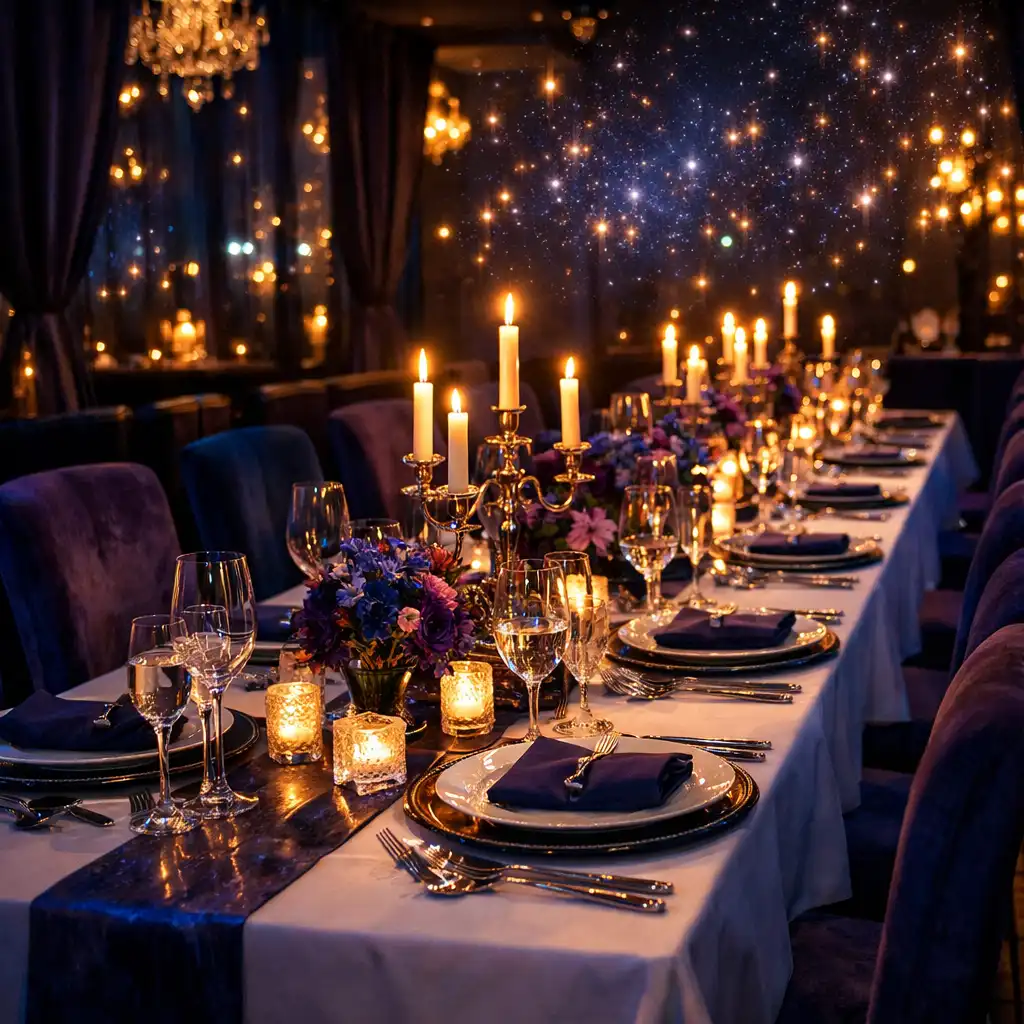 Elegánsan megterített asztal a Savory Heritage House privát rendezvénytermében, gyertyafényes, csillagfényes hangulattal